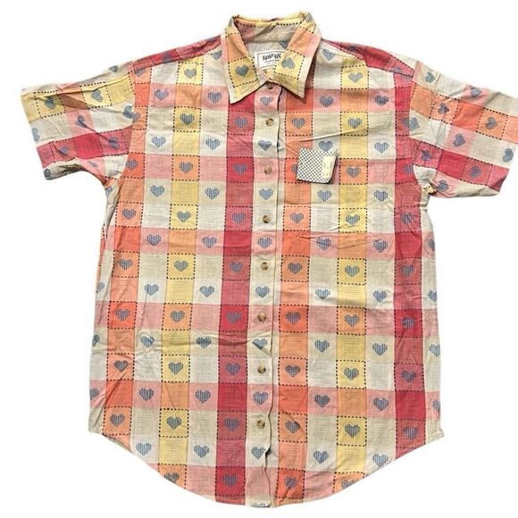 Vintage Krazy Kat 80s Button Down Shirt Heart Patchwork Size Medium Men NEW - Picture 1 of 7